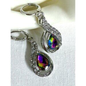 Rainbow Crystal Rhinestone Drop Earrings Silver Tone
